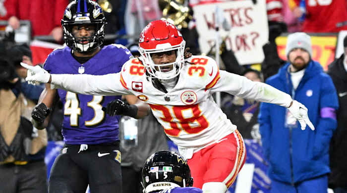 Chiefs cornerback L’Jarius Sneed celebrates a play against the Ravens in the 2023 AFC Championship